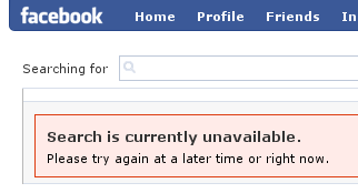 Message box: 'Search is currently unavailable. Try again at a later time or right now.'